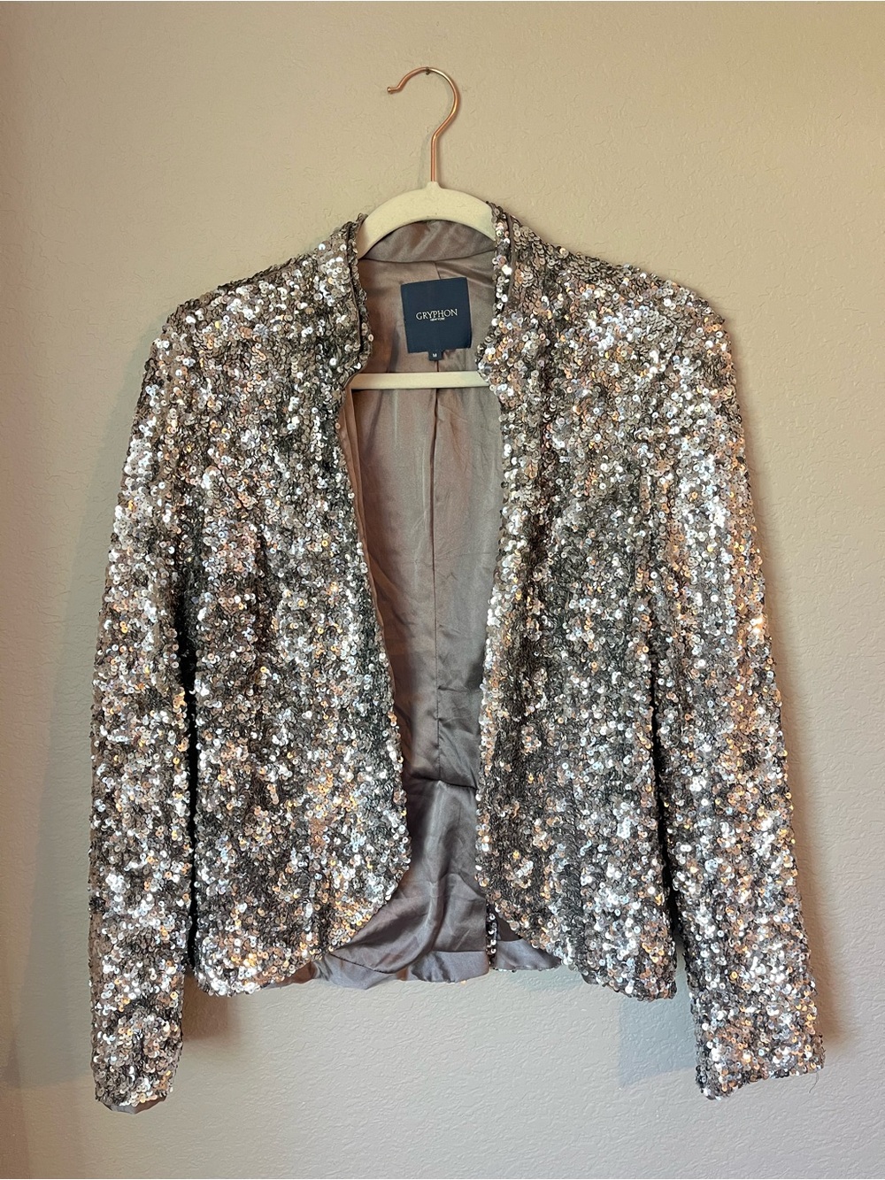 Gryphon New York Silver Sequin Open Front Blazer Jacket Size M — NWOT